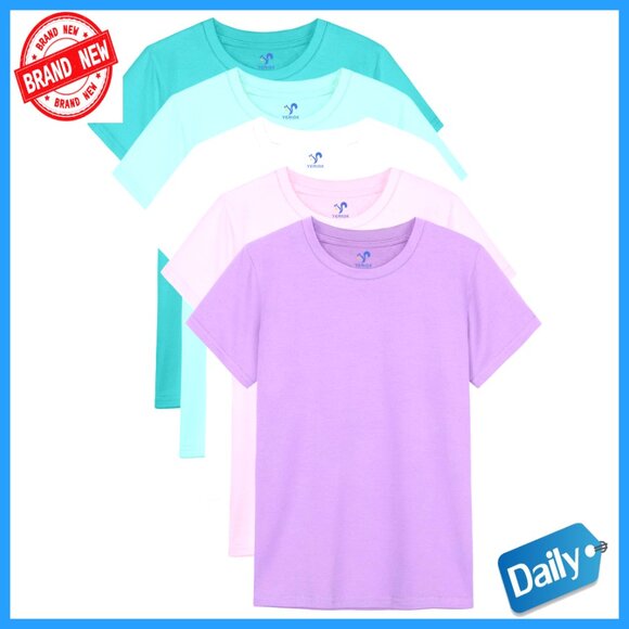 5 Pack Girls Short Sleeve Cotton Tees Regular Fit Summer Tops